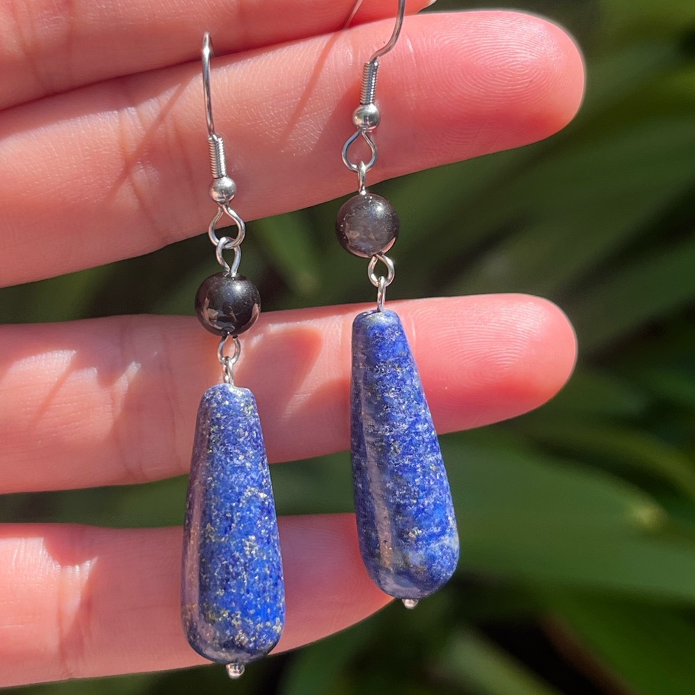 Stainless steel lapis lazuli silver obsidian drop earrings 0320